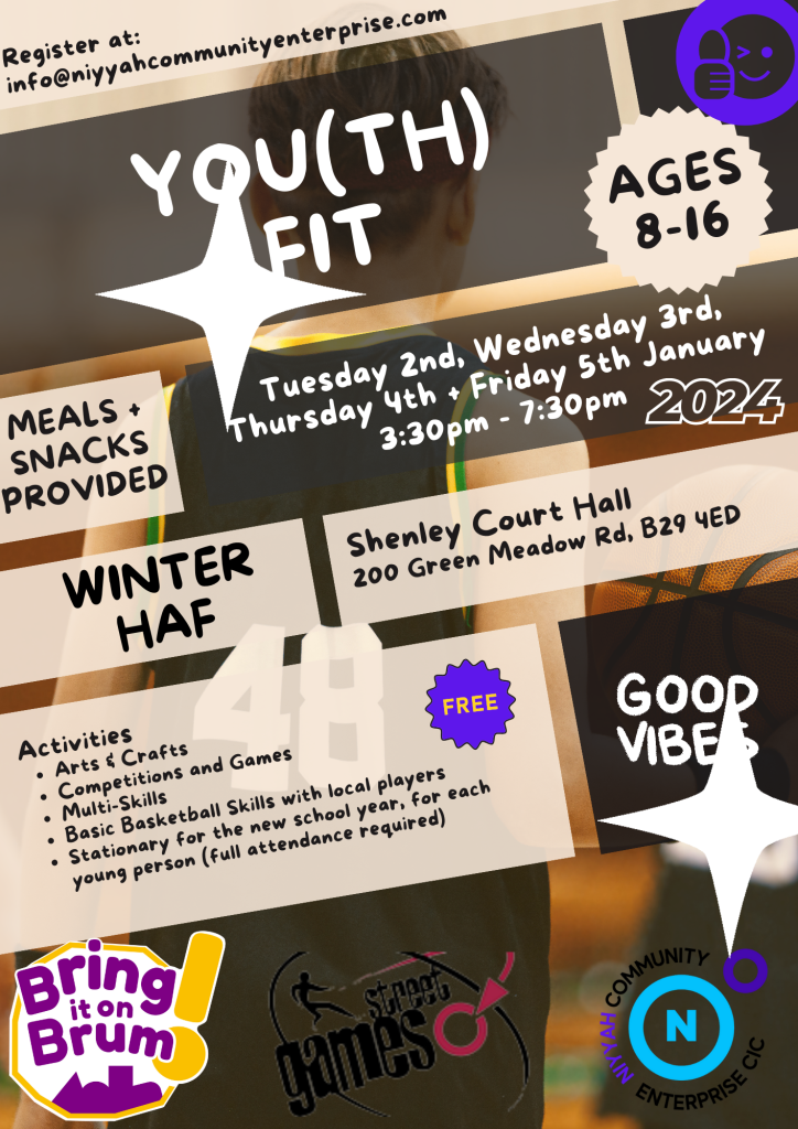 You(th) Fit. free activities club for children aged 8-16. Tuesday 2nd-5th January 2024. Shenley Court hall, B29 4ED (meals and snacks provided)